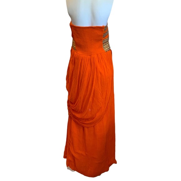 Root Design HandMade Orange Gold Strapless Ethiopian Maxi Dress XL Perfect - Picture 4 of 15